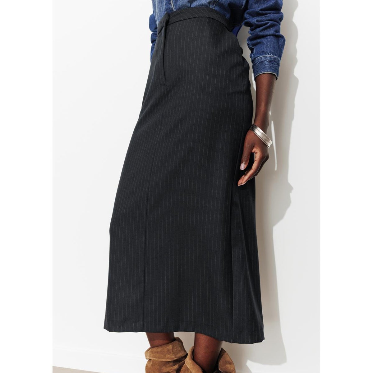 Jupe midi crayon rayée rayé marine, PROMOD