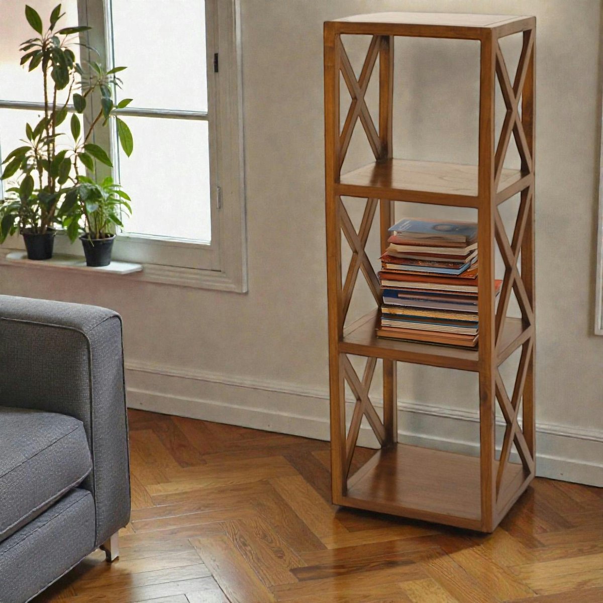 Étagère 3 niveaux 120cm bois exotique croisillons LOLA bois naturel, PIER IMPORT