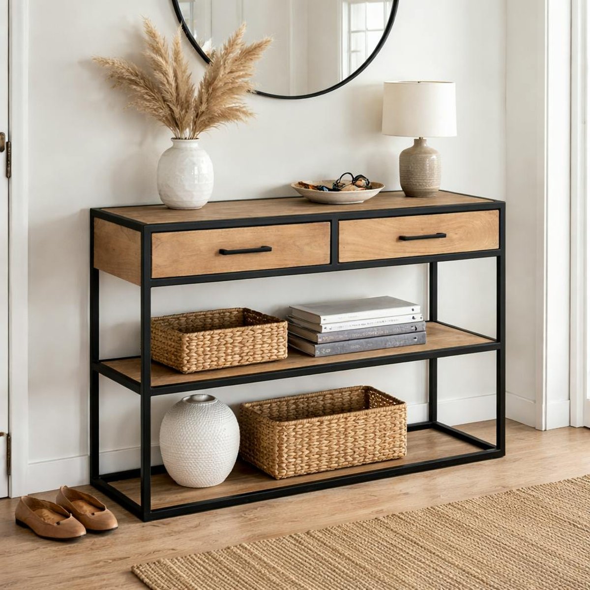 Console d'entrée bois clair 2 plateaux 2 tiroirs RIVANO bois naturel, PIER IMPORT