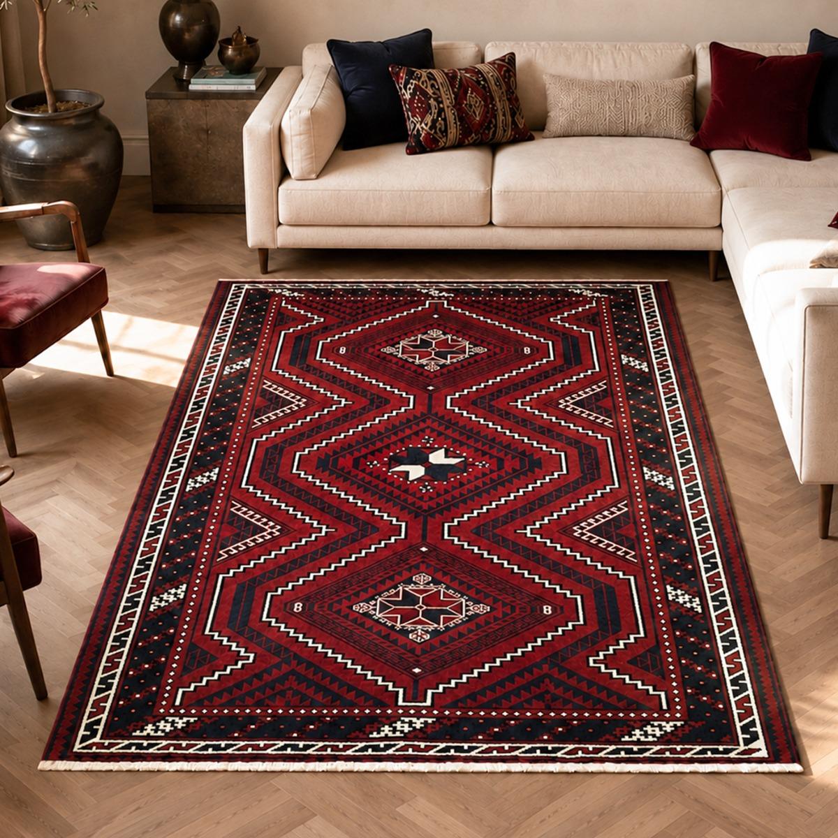 Tapis salon géométrique, noué main en laine artisanale, LORI 6 bordeaux, crème, noir, UN AMOUR DE TAPIS