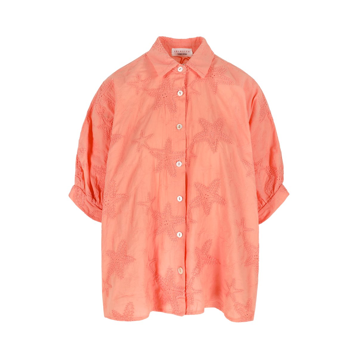 Chemise oversize brodée étoile coral bright, LOLALIZA