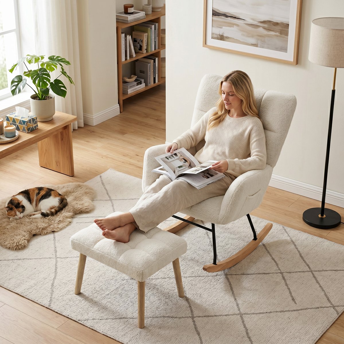 Fauteuil à bascule Tissu bouclette Crème crème, HOMCOM