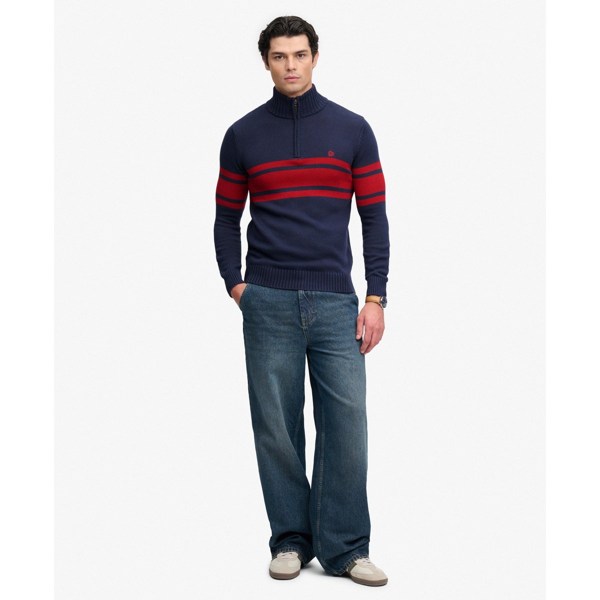 Pull Rayé Demi-Zip Coupe Ajustée bleu marine/rayure rouge, SUPERDRY