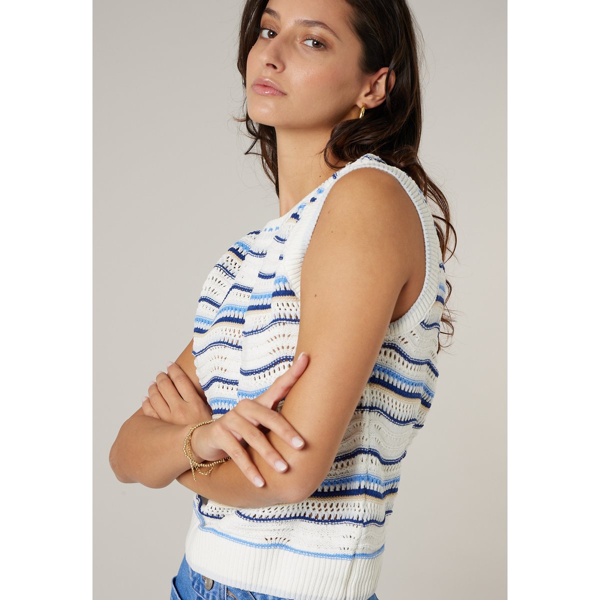 Pull sans manches femme en maille fantaisie SERJINE blue, DEELUXE