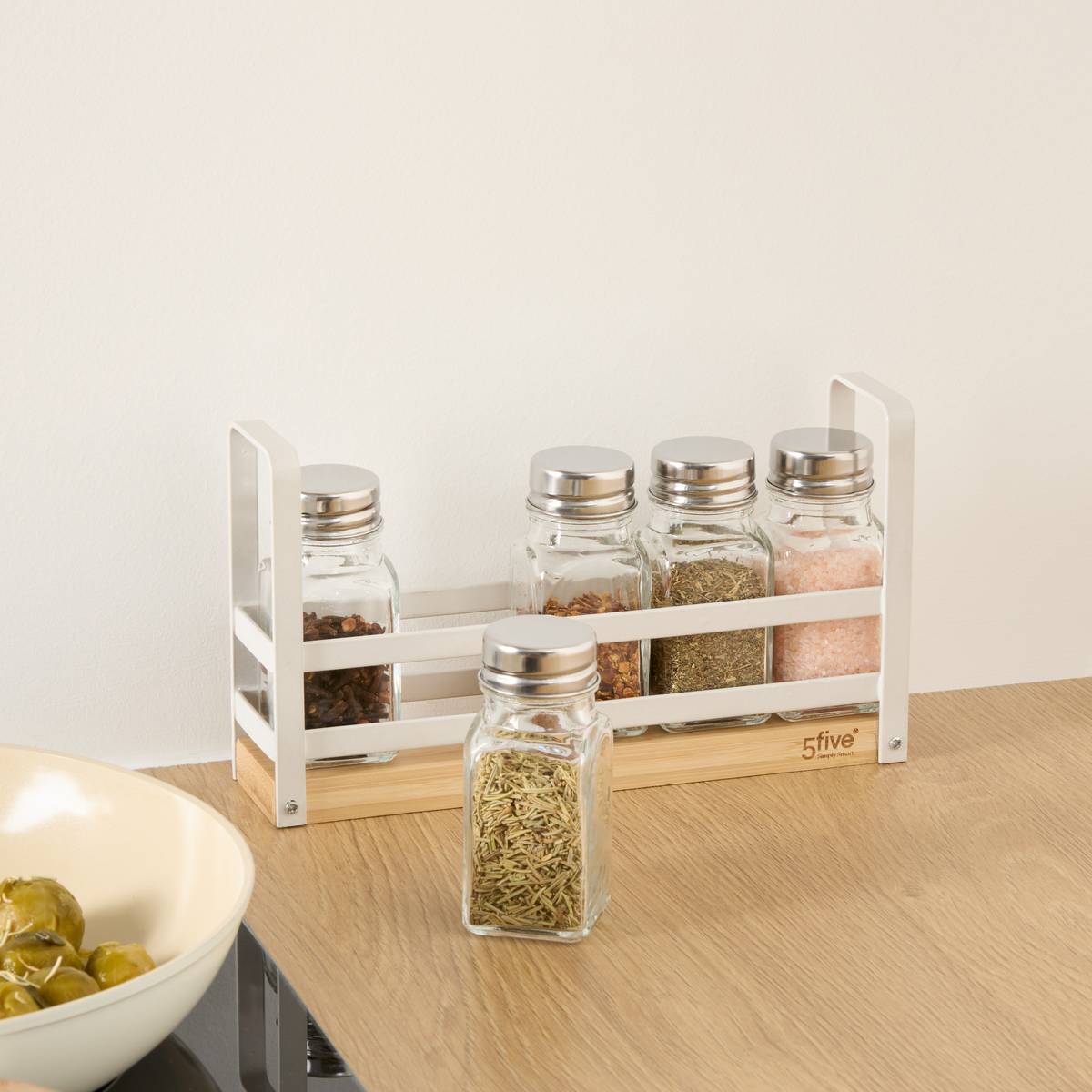 Rack 5 pots à épices en verre et bambou BALM blanc, 5FIVE SIMPLY SMART