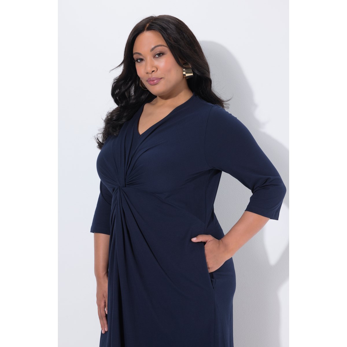 Robe maxi coupe évasée, drapé marine, ULLA POPKEN