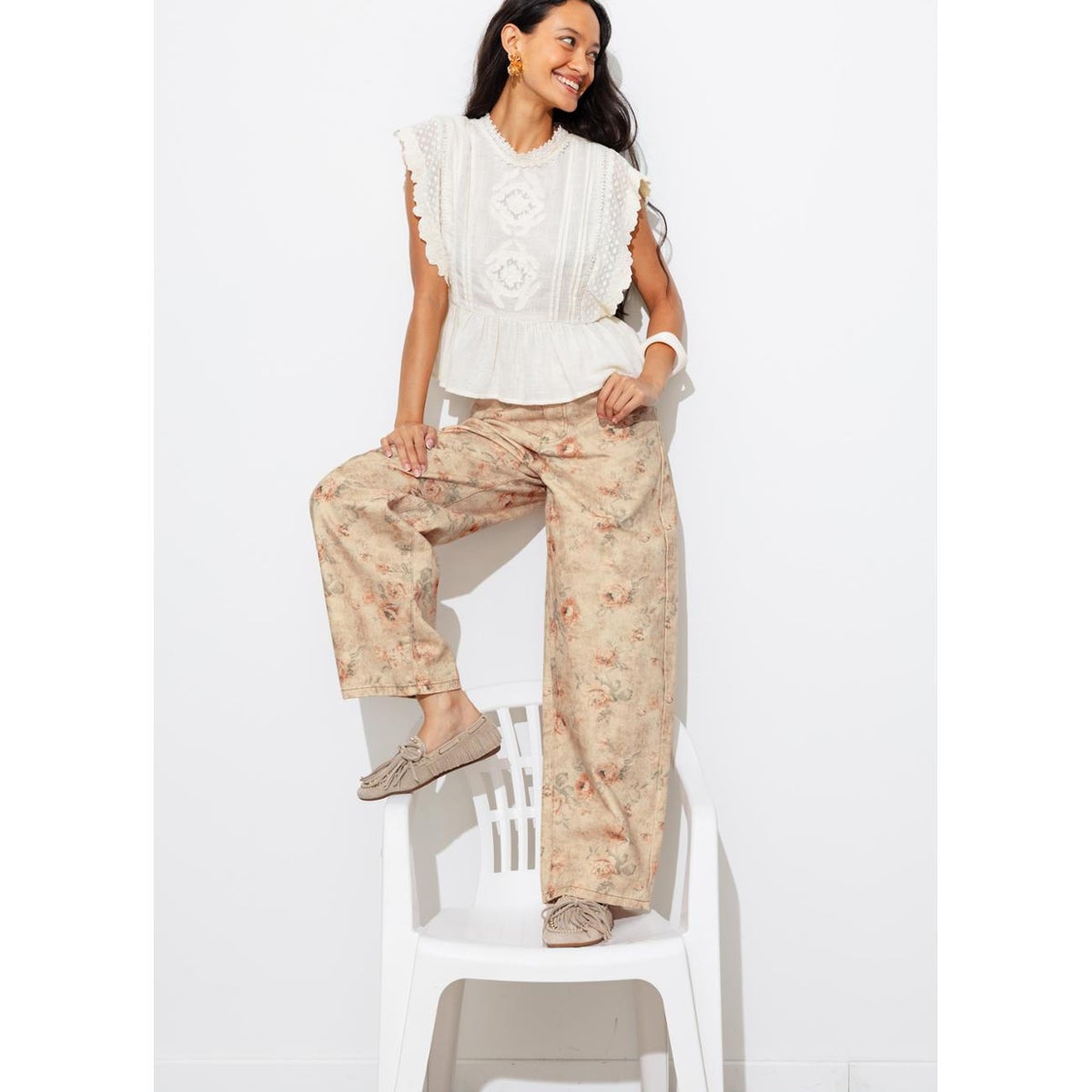 Pantalon barrel à fleurs imprimé multicolore, PROMOD