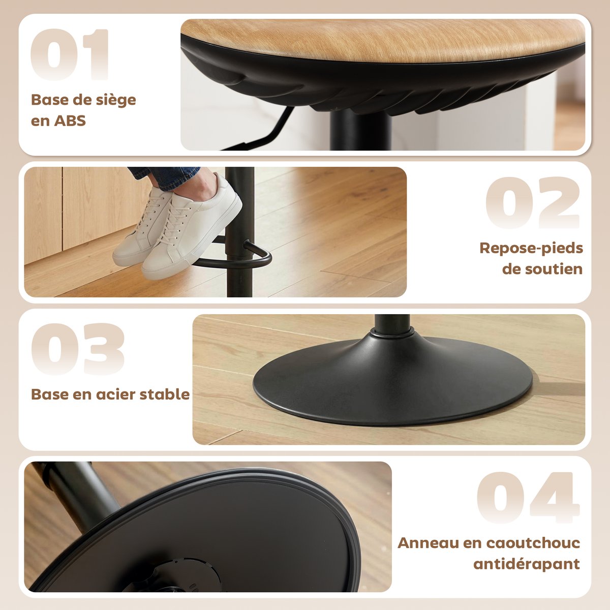 Tabouret de bar PU Chêne chêne, noir, HOMCOM
