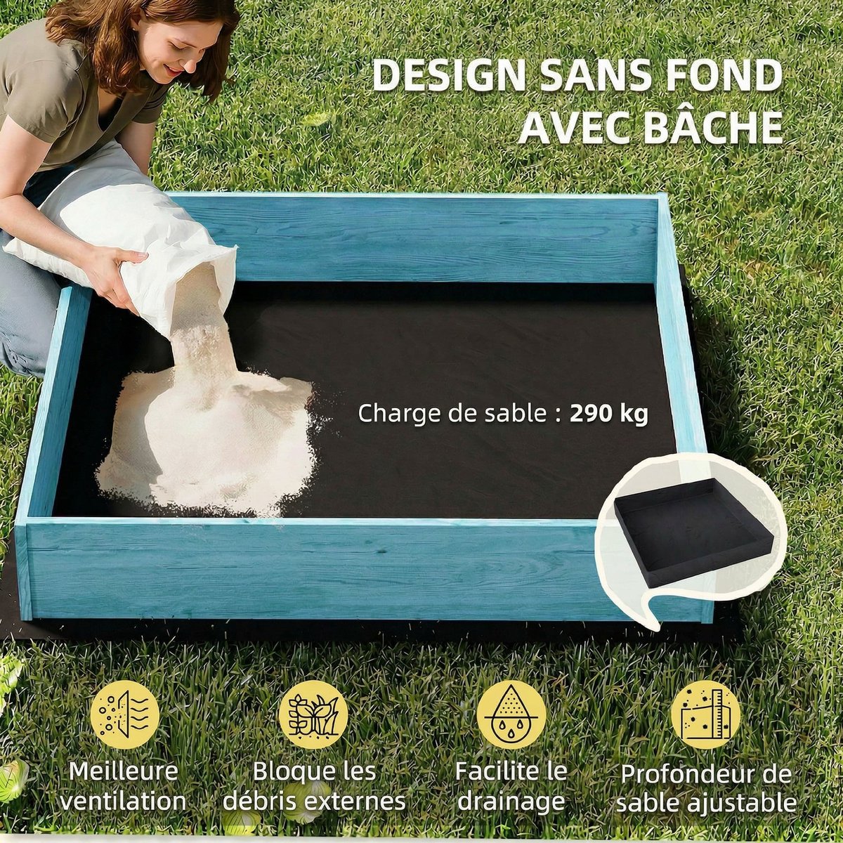 Bac à sable pour enfants Bois de sapin Bleu bleu et jaune, AIYAPLAY