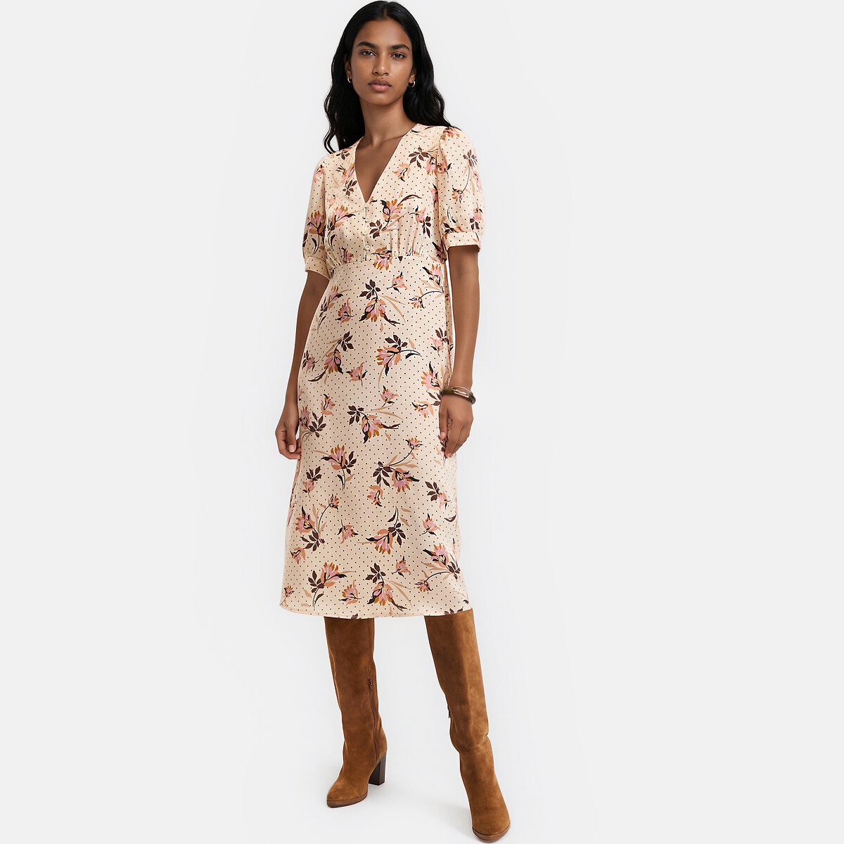 Robe midi col V, imprimé floral, manches courtes imprimé fleur rose, LA REDOUTE COLLECTIONS