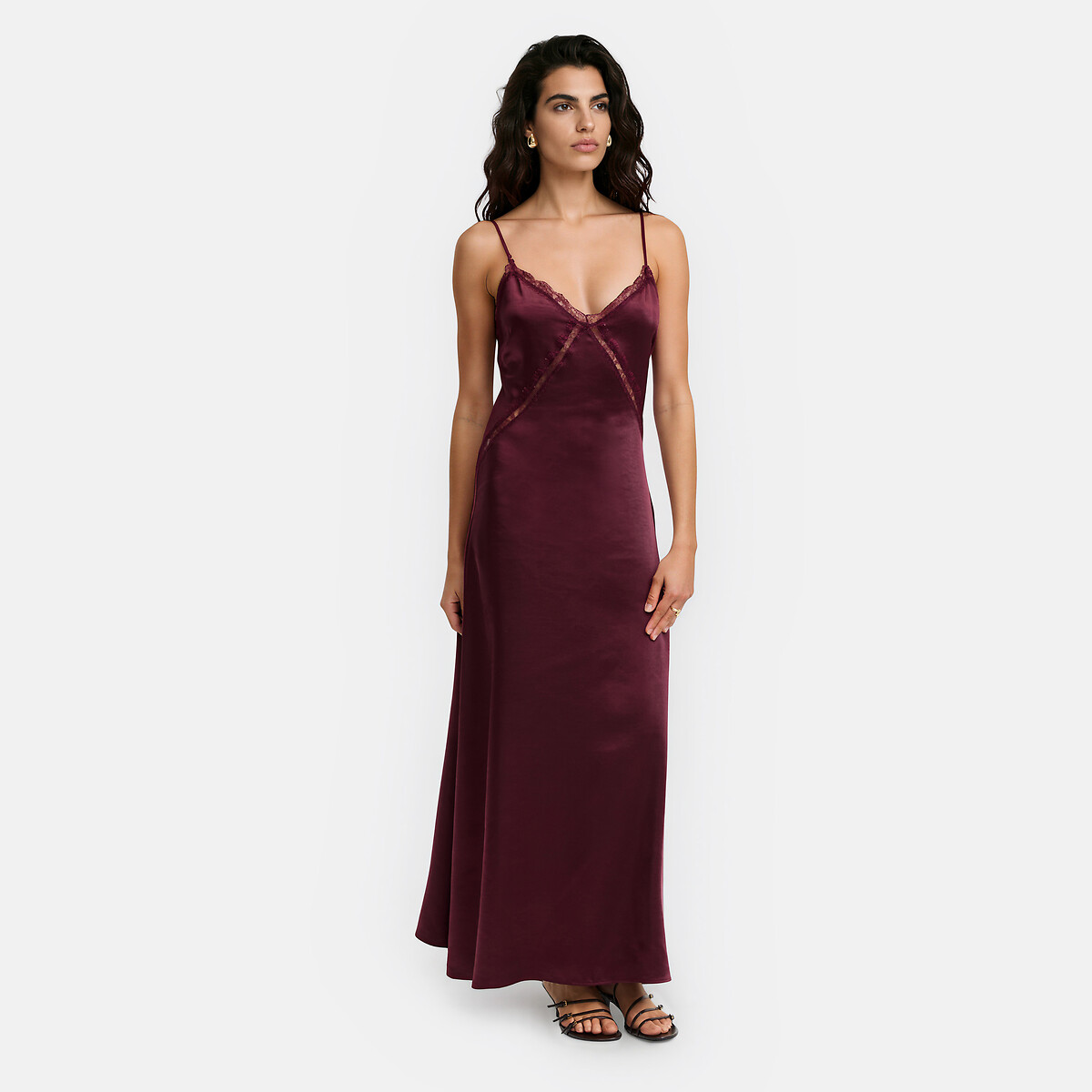 Vestido comprido de cetim com alças finas e renda bordeaux, LA REDOUTE COLLECTIONS