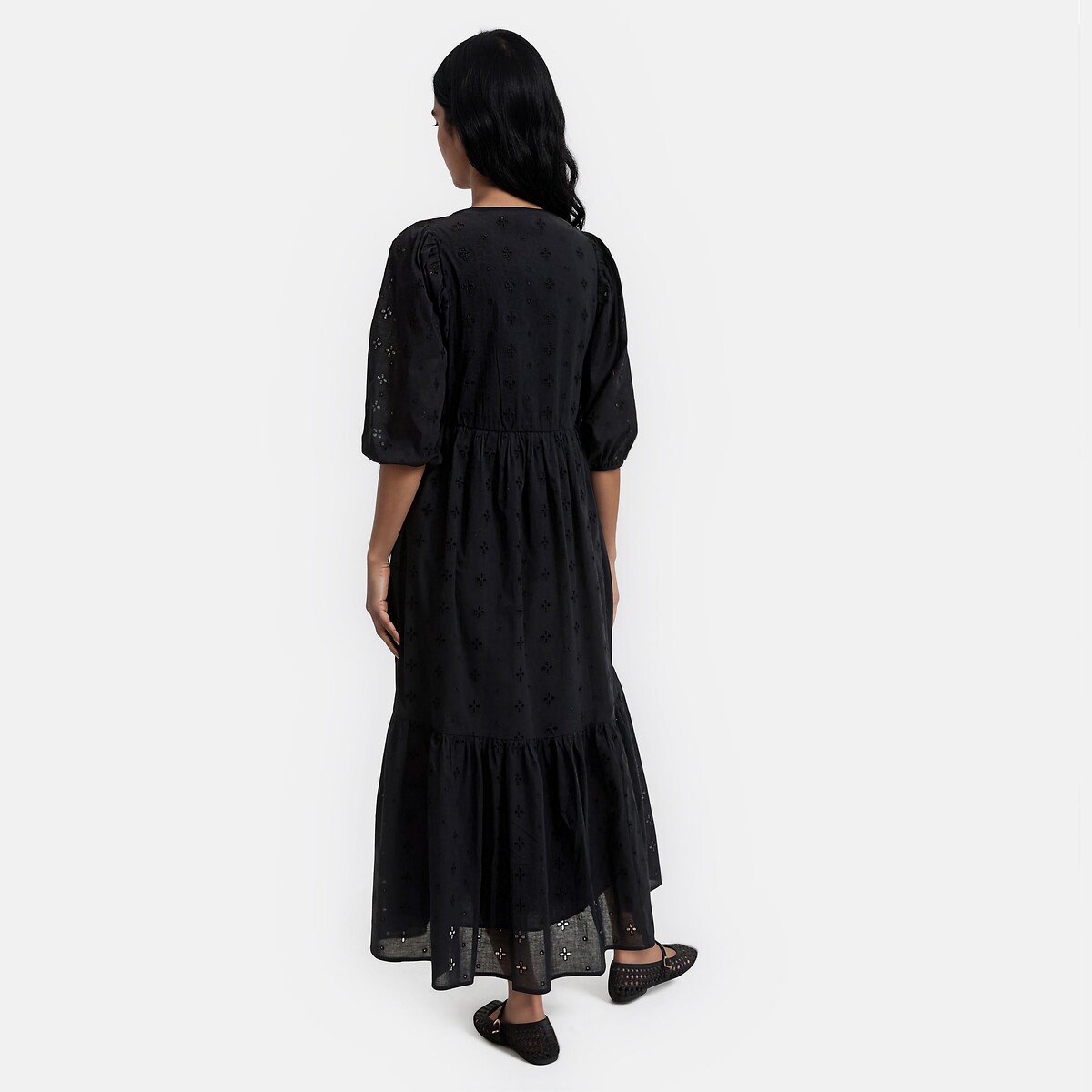 Vestido largo con escote en pico y bordado inglés negro, LA REDOUTE COLLECTIONS