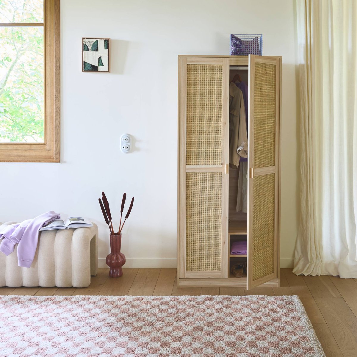 Armoire dressing décor bois et cannage 2 portes avec penderie et rangements CAMARGUE naturel, SWEEEK