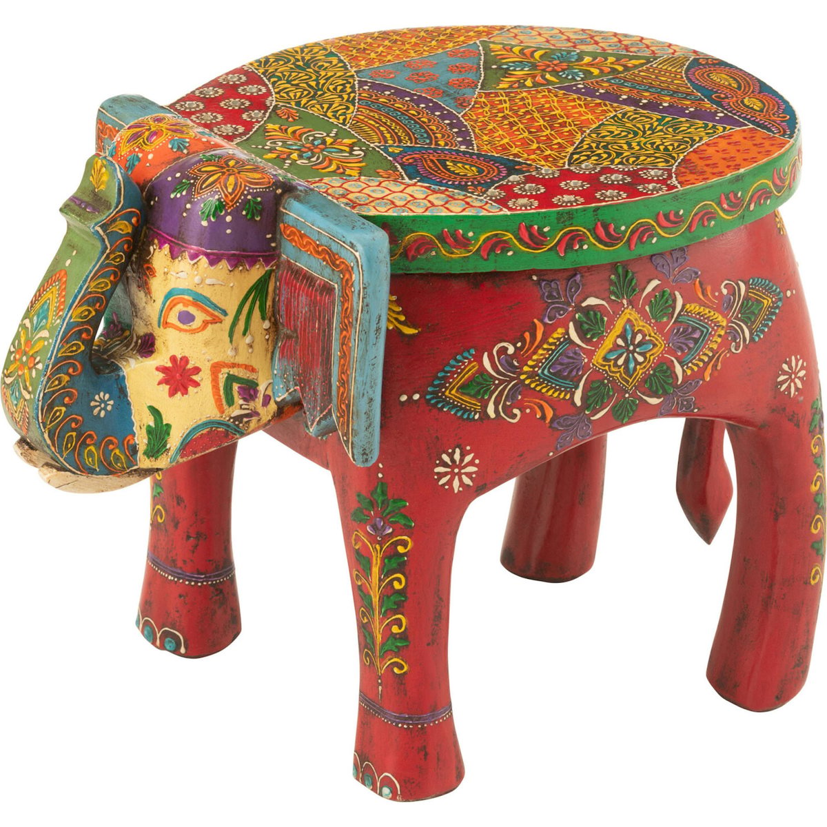 Tabouret éléphant en bois de manguier peint rectangulaire multicolore motifs indiens artisanaux, RECOLLECTION