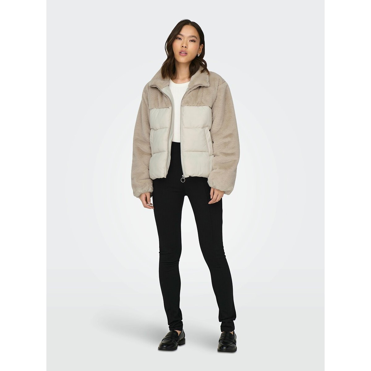 Short Padded Jacket in Teddy Faux Fur with Zip Fastening and High Neck beige, ONLY