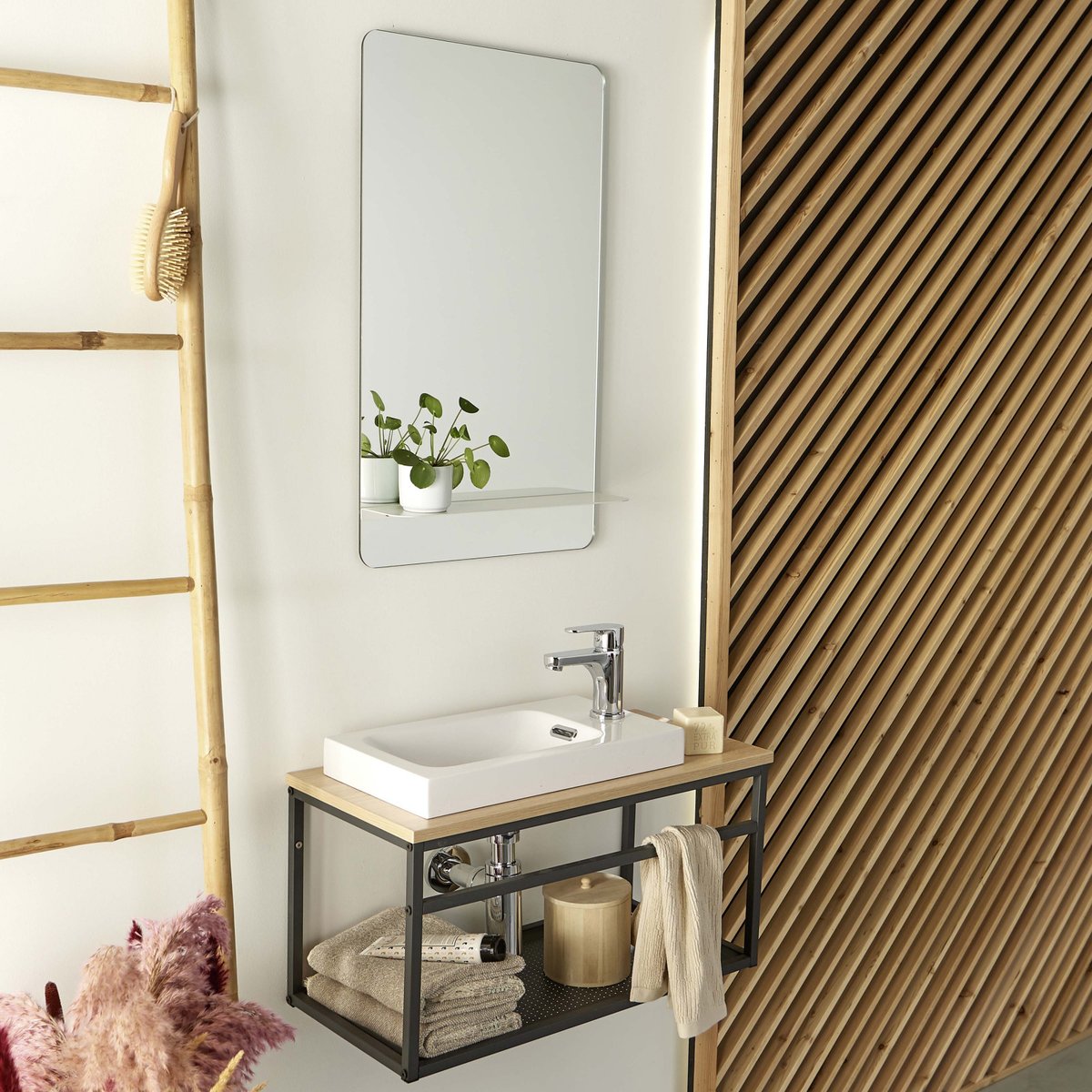 Ensemble lave-mains grande largeur avec robinet et miroir 60cm WILO vasque blanche, robinet chromé et miroir, MOB IN