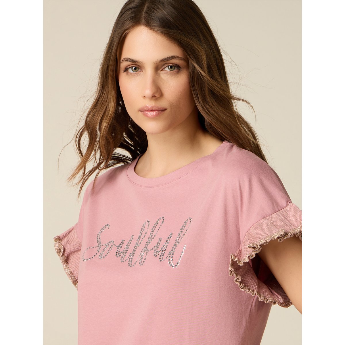 T-shirt avec cristaux et volants rose, OLTRE