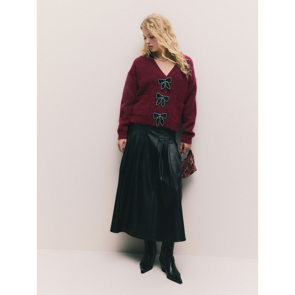 Cardigan à poche et boutons en forme de nœuds rouge bordeaux, NEXT