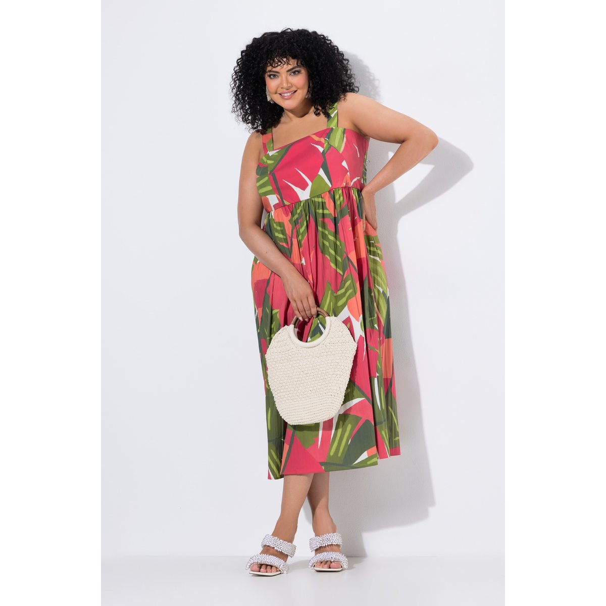 Robe longue, motif palmiers, dos smocké rose vif, ULLA POPKEN
