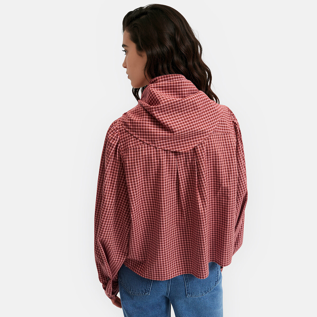 Camisa xadrez com gola tipo lenço e mangas compridas quadrados bordeaux, LA REDOUTE COLLECTIONS