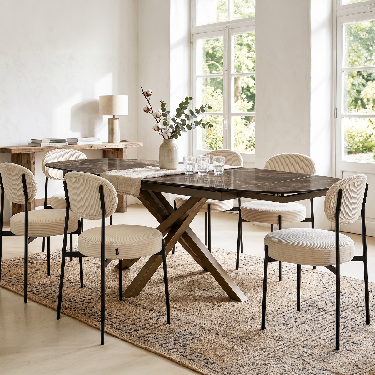 Table à manger ovale extensible 8/10 couv. en céramique effet Marbre - MURCIA marbre brun emperador, HOMIFAB