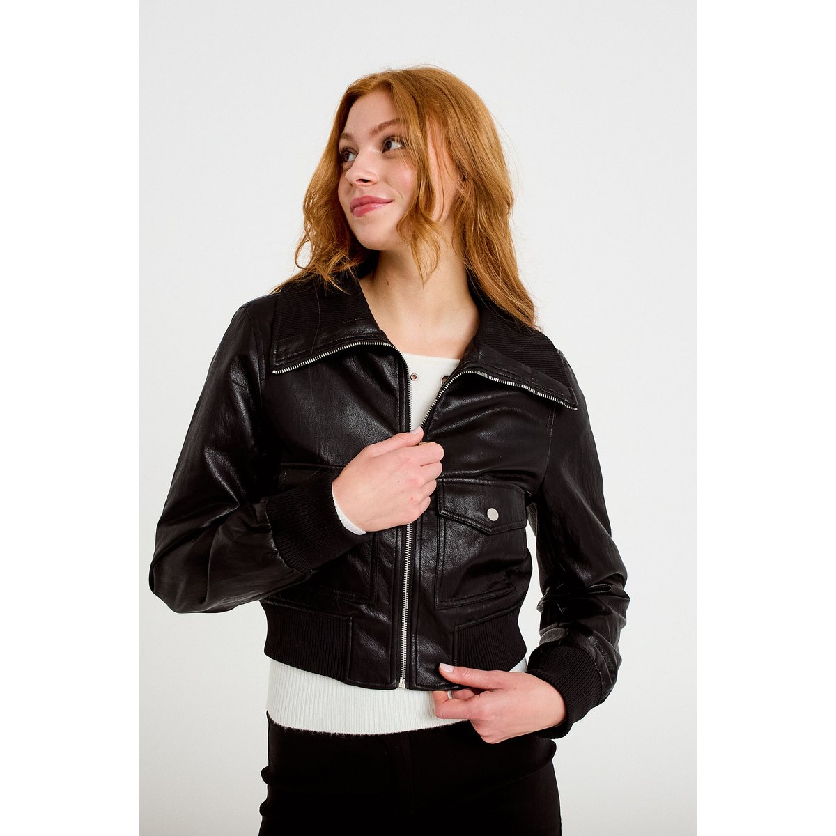Bomber ajusté cropped similicuir noir, CACHE CACHE