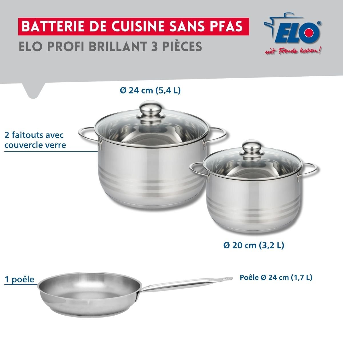 Batterie 1 poêle 24cm + 2 faitouts 20/24cm PROFI BRILLANT gris, ELO