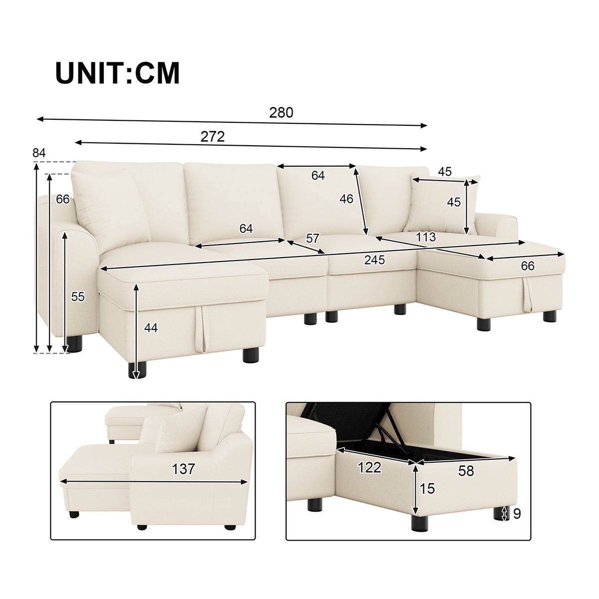 Canapé d'angle U coffre de rangement en chenille, VASEC beige, MEUBLES COSY