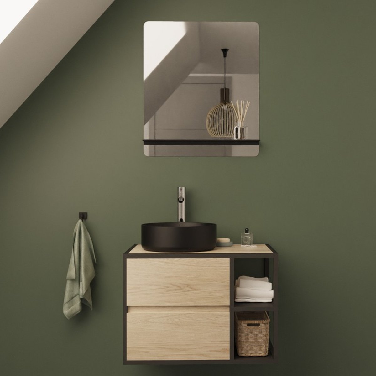 Ensemble meuble simple vasque 70 cm + vasque + miroir EDISSON chêne - ppm - mat, MOB IN