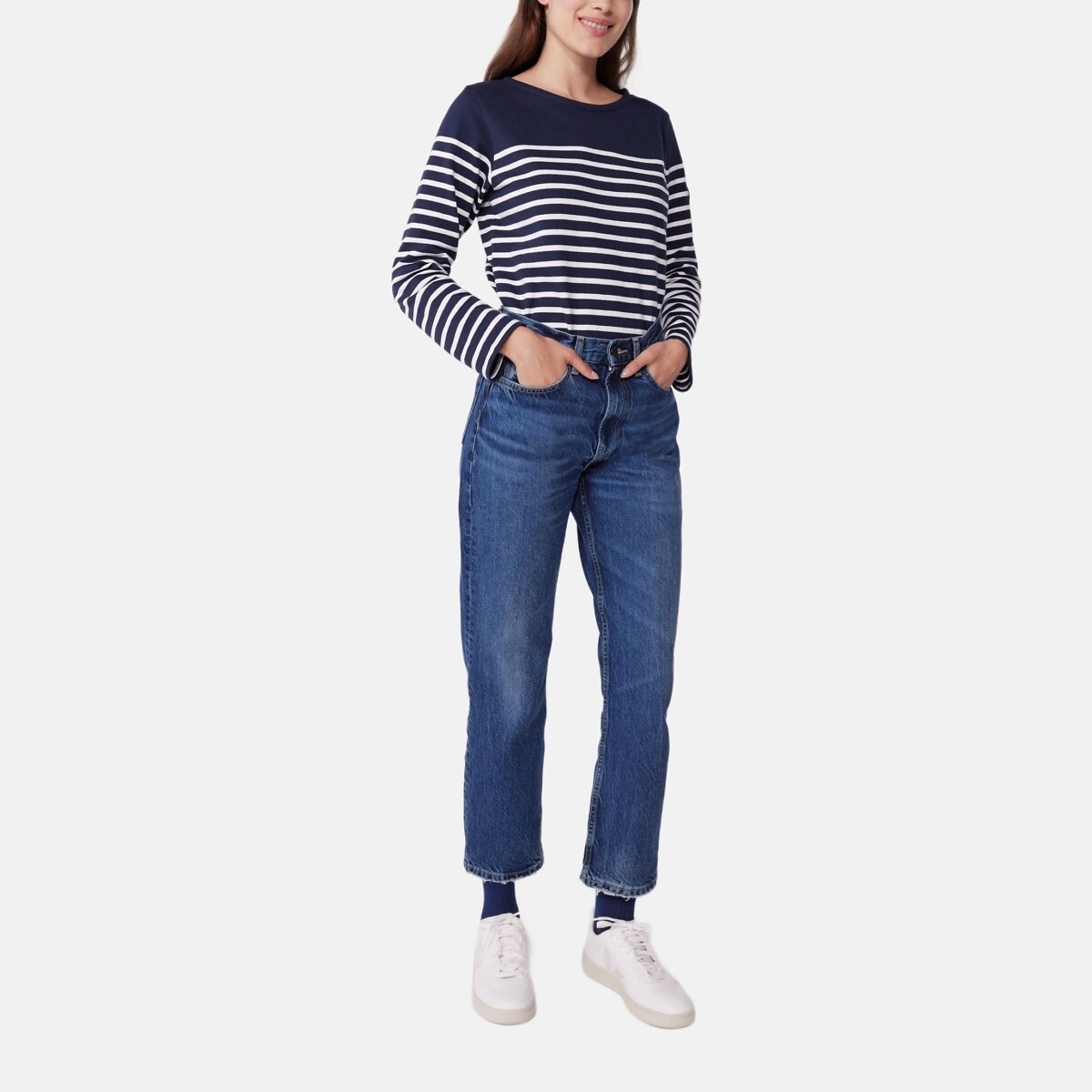 Marinière en coton, manches longues marine/blanc, PETIT BATEAU