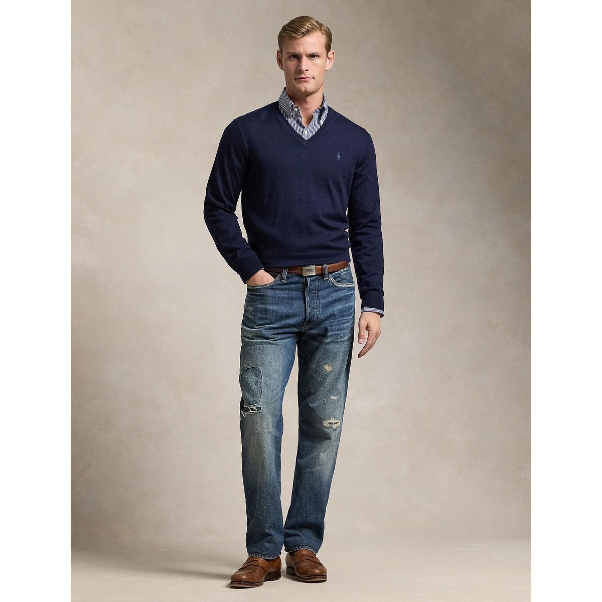 Maglione in lana scollo a v in maglia grossa blu marino, POLO RALPH LAUREN