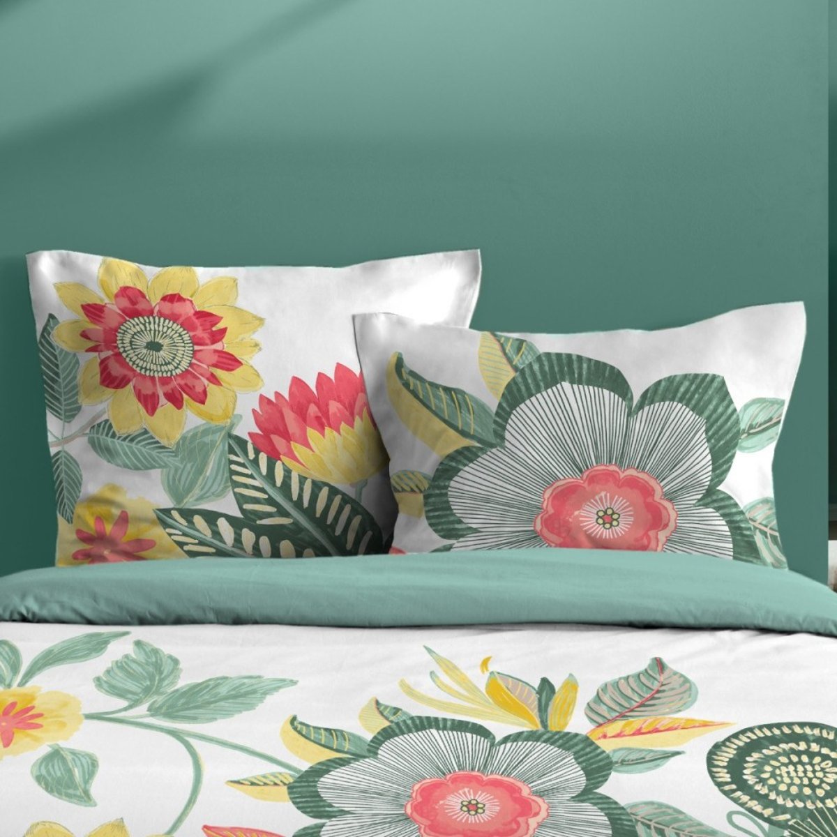 Housse de couette 260x240 finition rabat + 2 taies coton 57 fils vert, DECORATIE