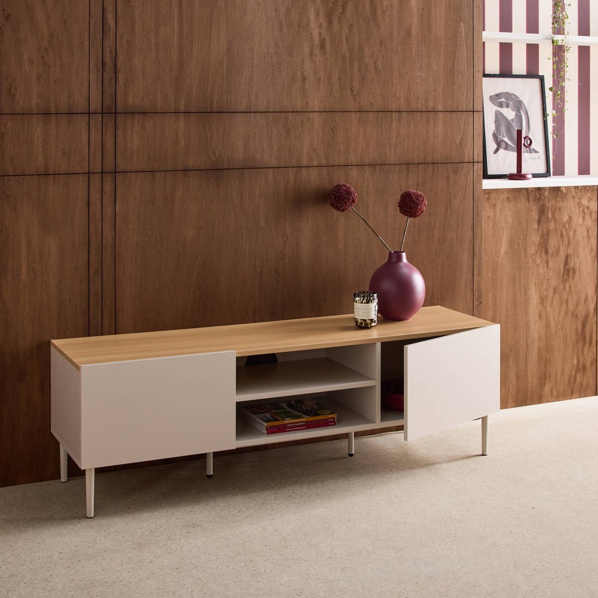 Meuble TV décor bois piétement métal 2 portes 140cm ASHTON gris, SWEEEK