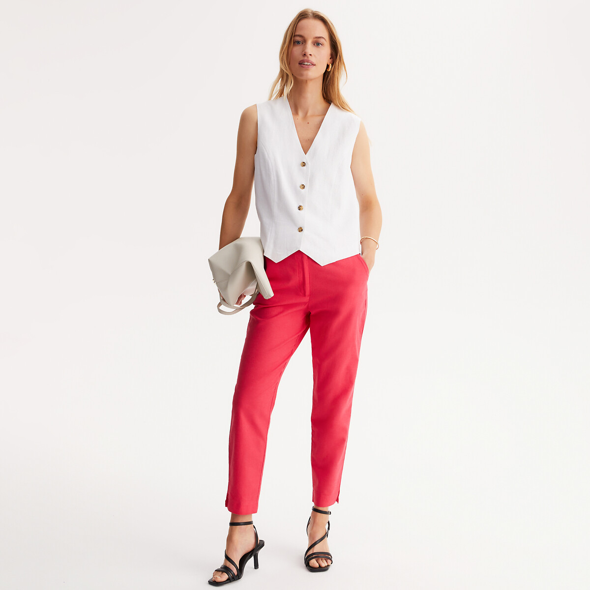 Straight Ankle Grazer Trousers in Linen/Cotton red orange, ANNE WEYBURN
