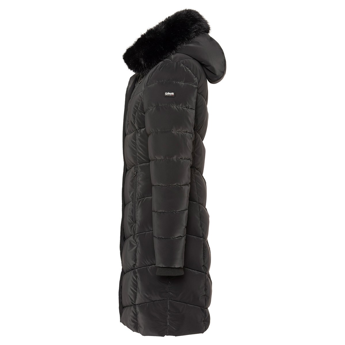 Parka longue à capuche bordée de imitation fourrure noir, SCHOTT