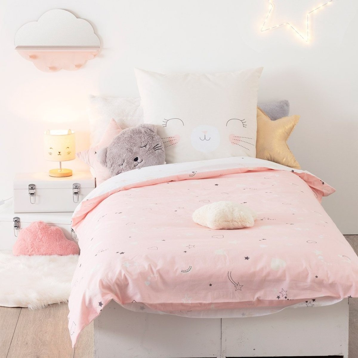 Housse de couette enfant 140x200 Chat + taie 100% coton bio 57 fils rose, ATMOSPHERA