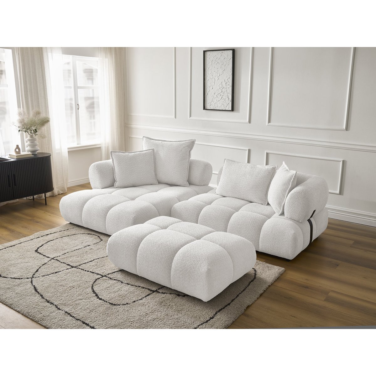 Canapé d'angle fixe 4 places en tissu bouclette avec pouf, ALYA blanc, BOBOCHIC