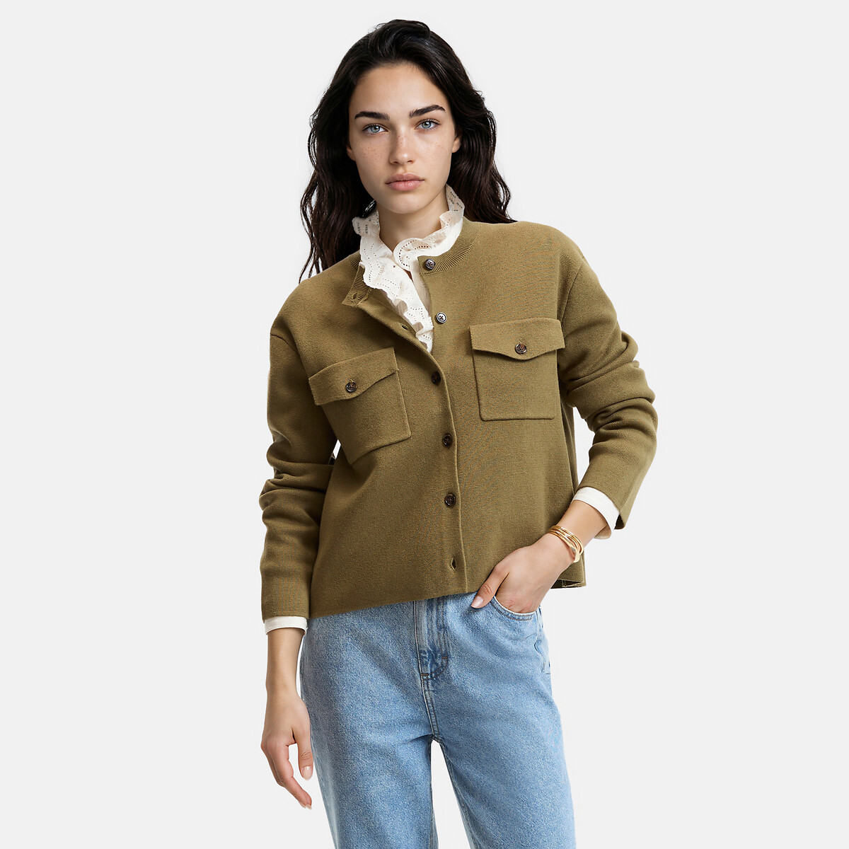 Cardigan en maille milano laine et coton vert kaki, LA REDOUTE COLLECTIONS
