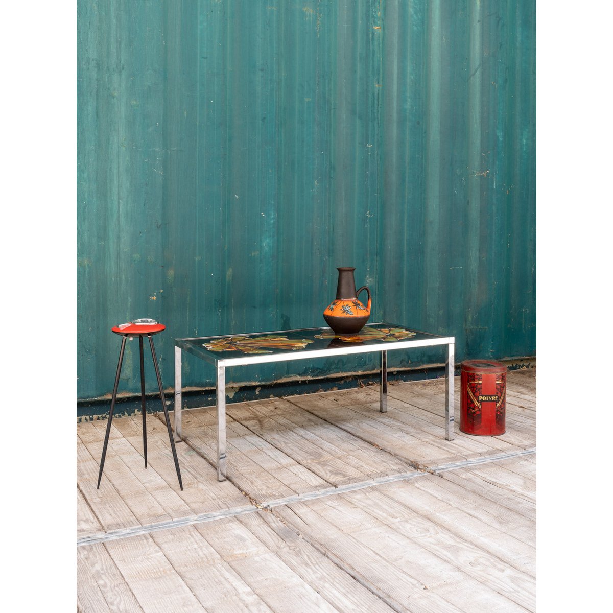 Table basse chromée et en céramique Donna N°1077 - Bon état argenté, DEBONGOUT