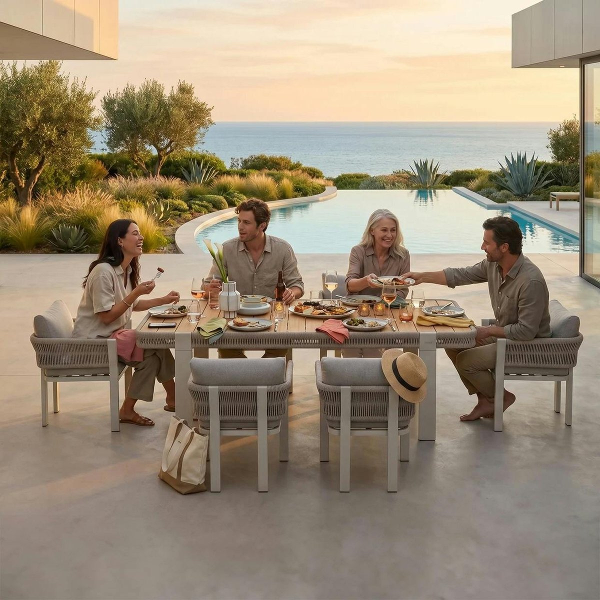 Table de jardin + 6 chaises en teck et aluminium BORROMEO beige, PIER IMPORT
