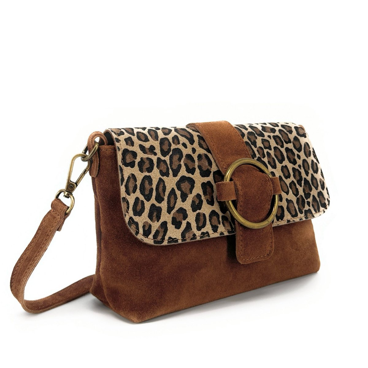 Sac à main en croute de cuir imprimé léopard VERONE SUEDE LEO léopard camel, OH MY BAG