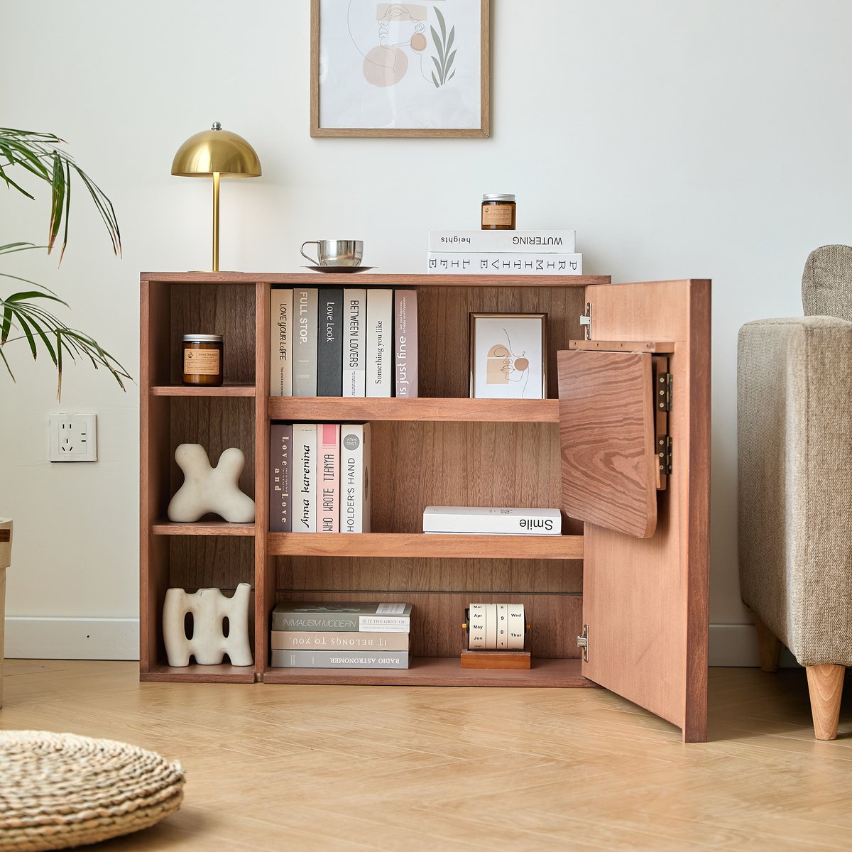 Meuble de rangement avec bureau tablette, bois de noyer et rotin, LAPENA marron, NORDLYS