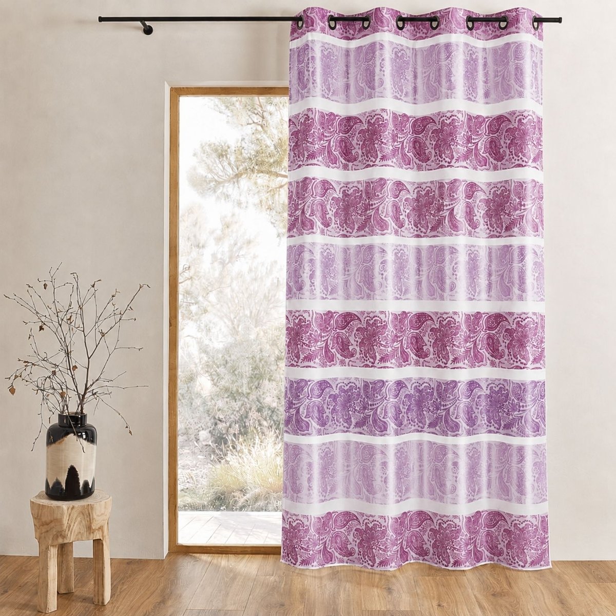 Rideau occultant en jacquard à rayures horizontales fuchsia, HOME MAISON