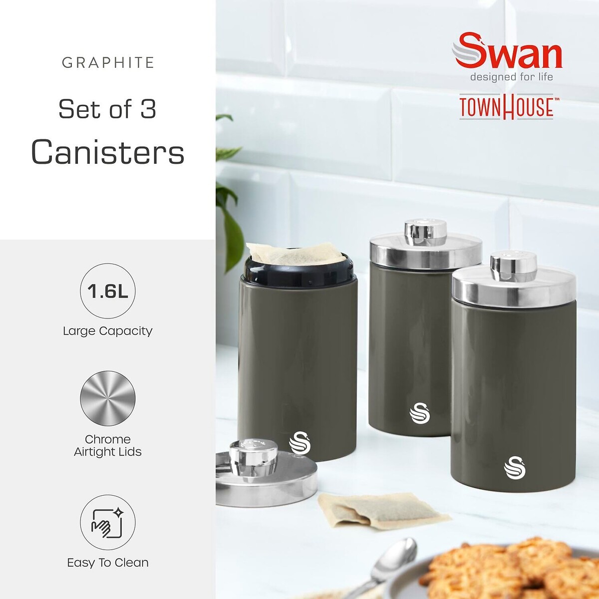 Set of 3 Townhouse Canisters grey, SWAN