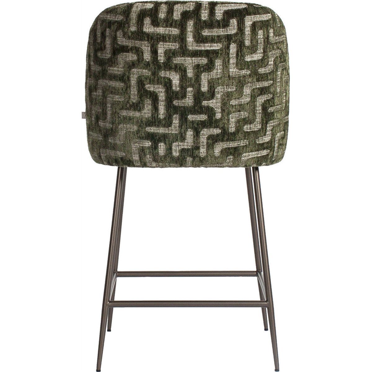 Tabouret de comptoir métal, Assise rembourrée vert mousse motif labyrinthe, RECOLLECTION