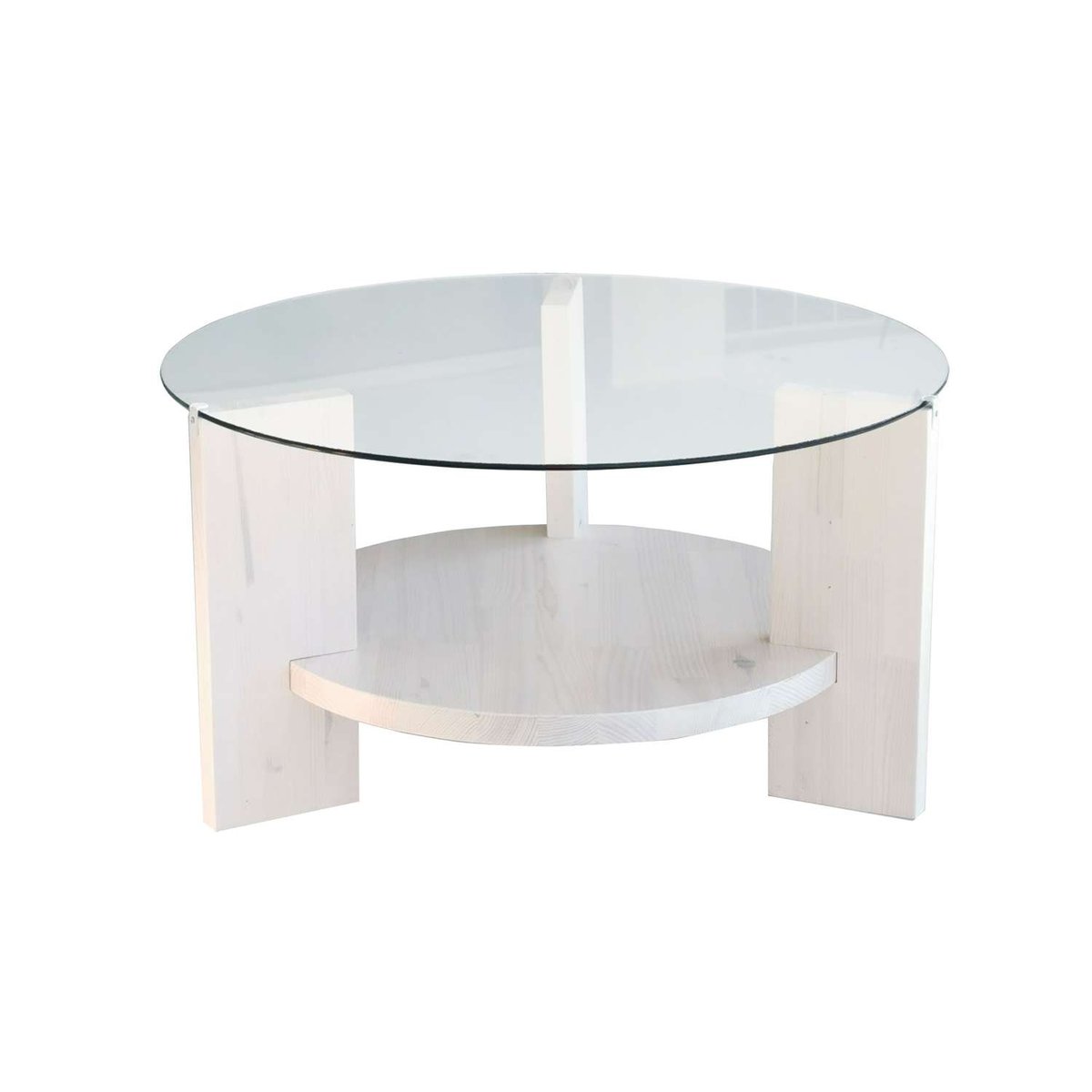 Table basse ronde 1 étagère en verre et bois massif AURÉLINE blanc, TOILINUX