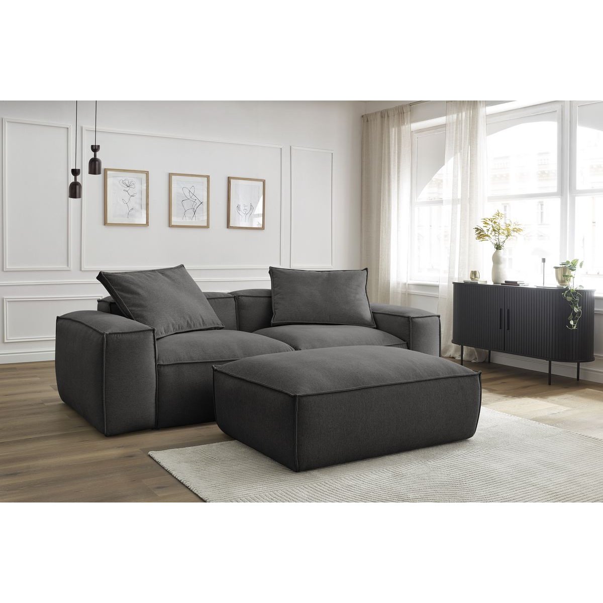 Canapé droit fixe 4 places en tissu chiné avec pouf, BOHEME gris foncé, BOBOCHIC
