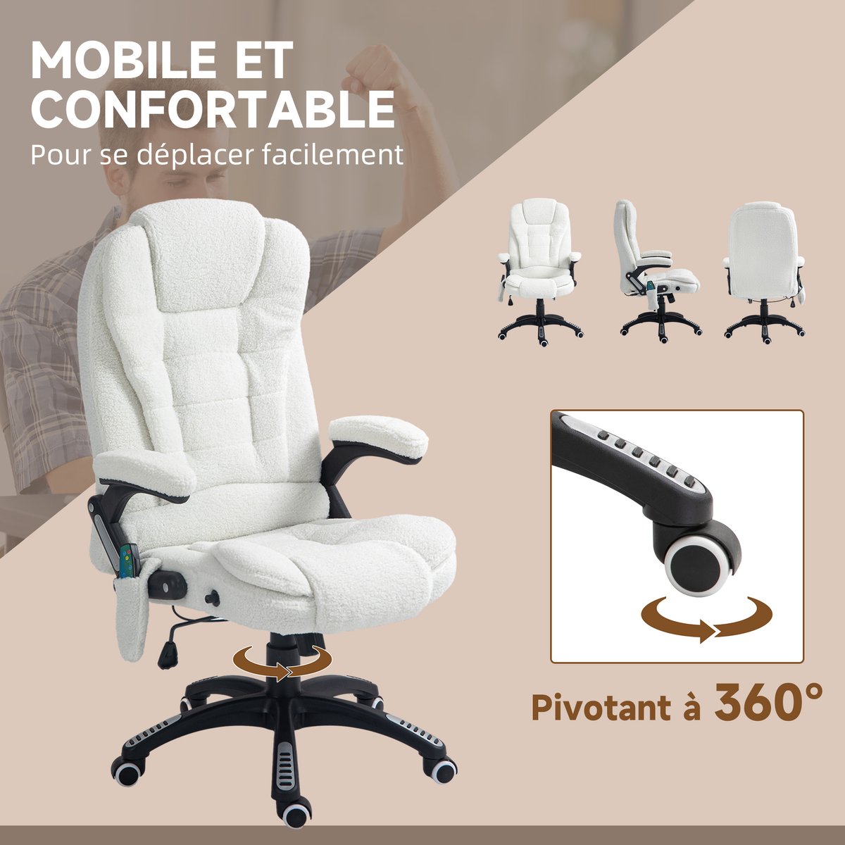 Fauteuil de bureau avec fonction massage blanc, HOMCOM