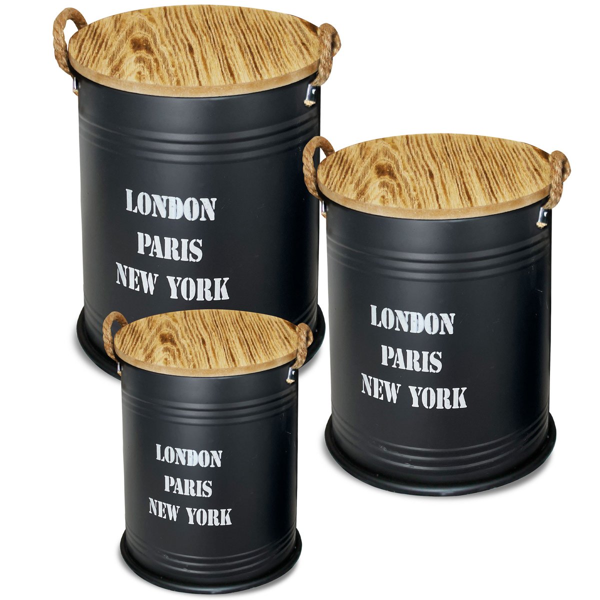 Set de 3 tables d'appoint avec rangement métal noir et bois 34x34x41cm noir, WADIGA