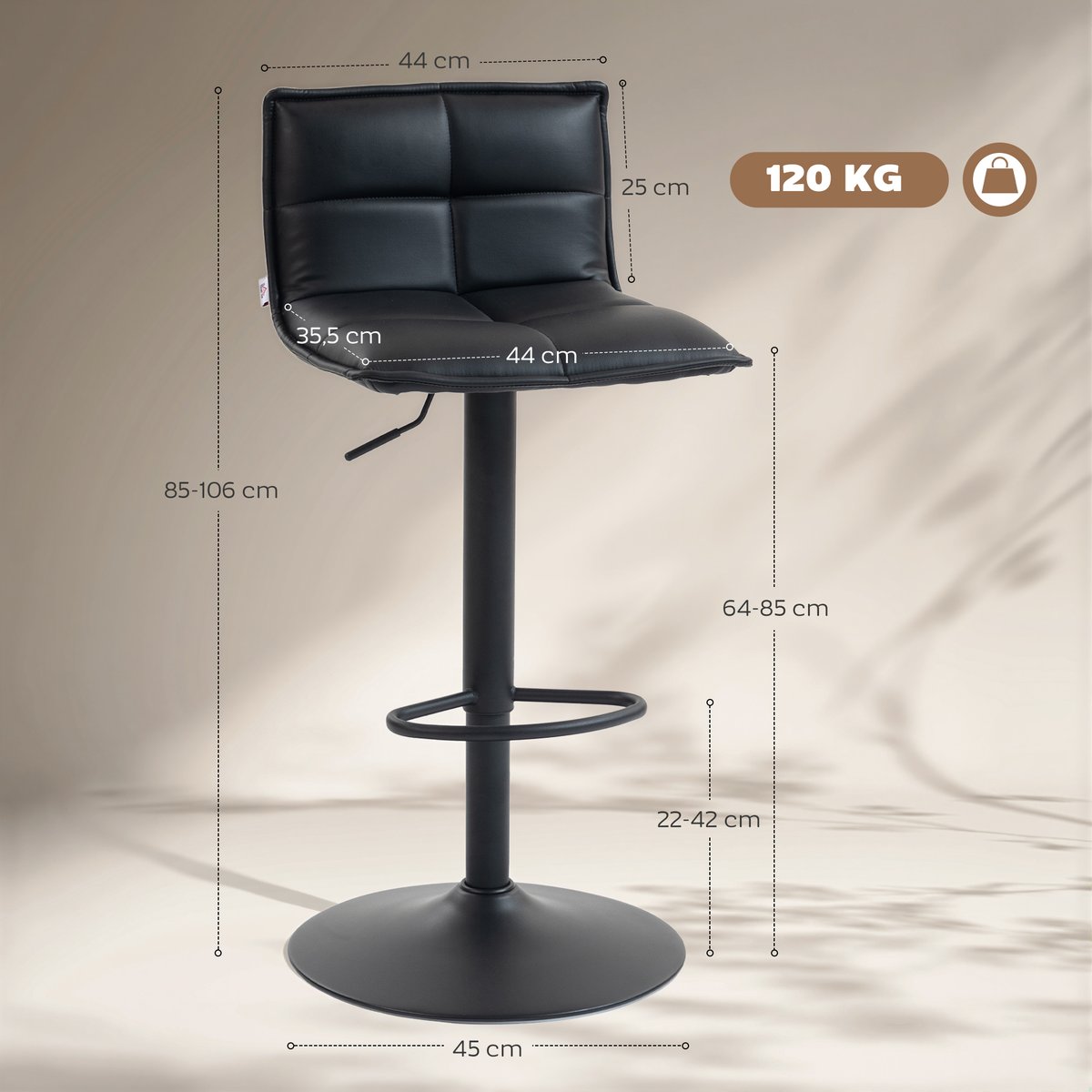 Tabouret de bar PU Noir noir, HOMCOM